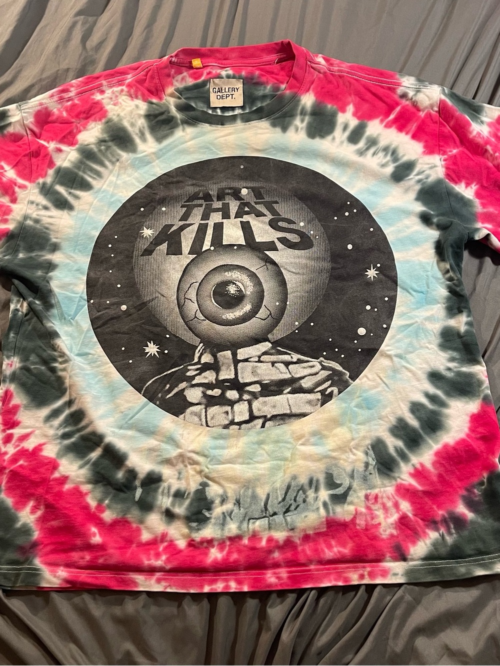 Gallery Dept Kids Tie-Dye Tee with Black Eyeball Graphic - Pink & Teal